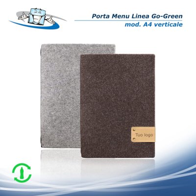 Linea Go-Green - Porta menu A4 verticale (23,2 x 31,8 cm) in pet riciclato con etichetta personalizzabile
