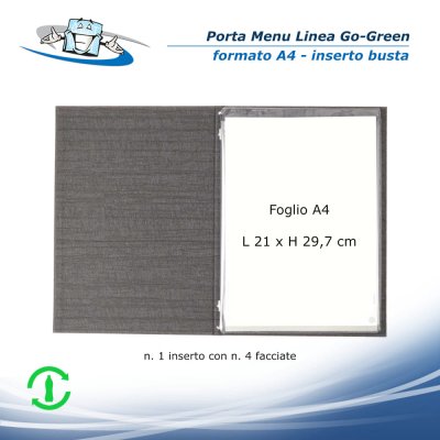 Linea Go-Green - Porta menu A4 (23,2 x 31,8 cm) in pet riciclato con etichetta personalizzabile inserto busta