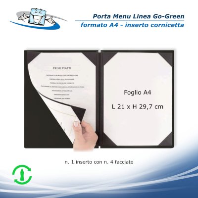 Linea Go-Green - Porta menu A4 (23,2 x 31,8 cm) in pet riciclato con etichetta personalizzabile inserto cornicetta
