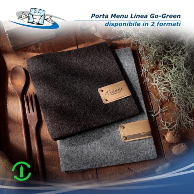 Linea Go-Green - Porta menu Quadrato (23 x 23,1 cm) in pet riciclato con etichetta personalizzabile