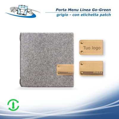 Linea Go-Green - Porta menu Quadrato (23 x 23,1 cm) in pet riciclato grigio con etichetta personalizzabile