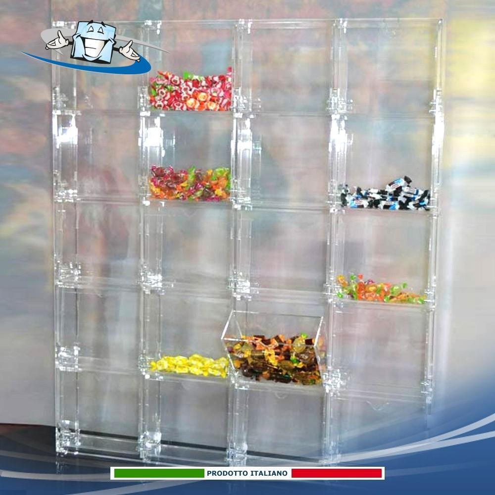 Porta caramelle alveolare da parete in plexiglass con contenitori