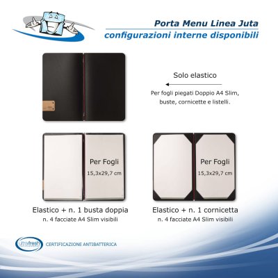Linea Juta - Porta menu A4 Slim (17,4 x 31,8 cm) in PVC antibatterico personalizzabile configurazione interna