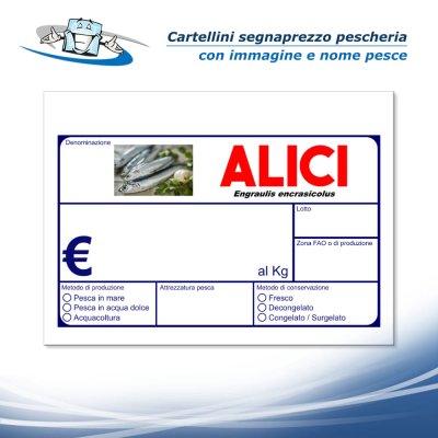 Cartellini segnaprezzo pescheria con immagine e nome pesce