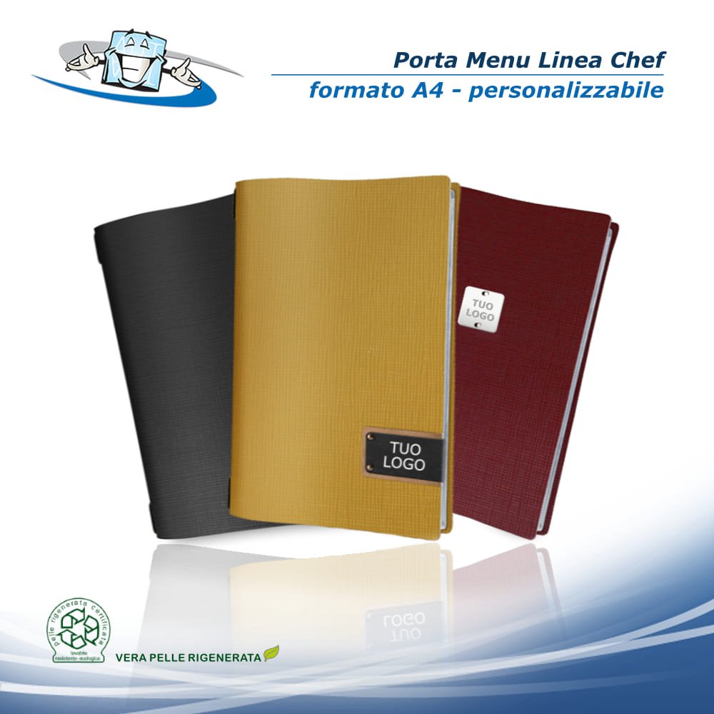 Linea Chef - Porta menu A4 (23,2 x 31,8 cm) in vera pelle rigenerata personalizzabile