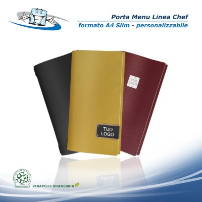 Linea Chef - Porta menu A4 Slim (17,4 x 31,8 cm) in vera pelle rigenerata personalizzabile