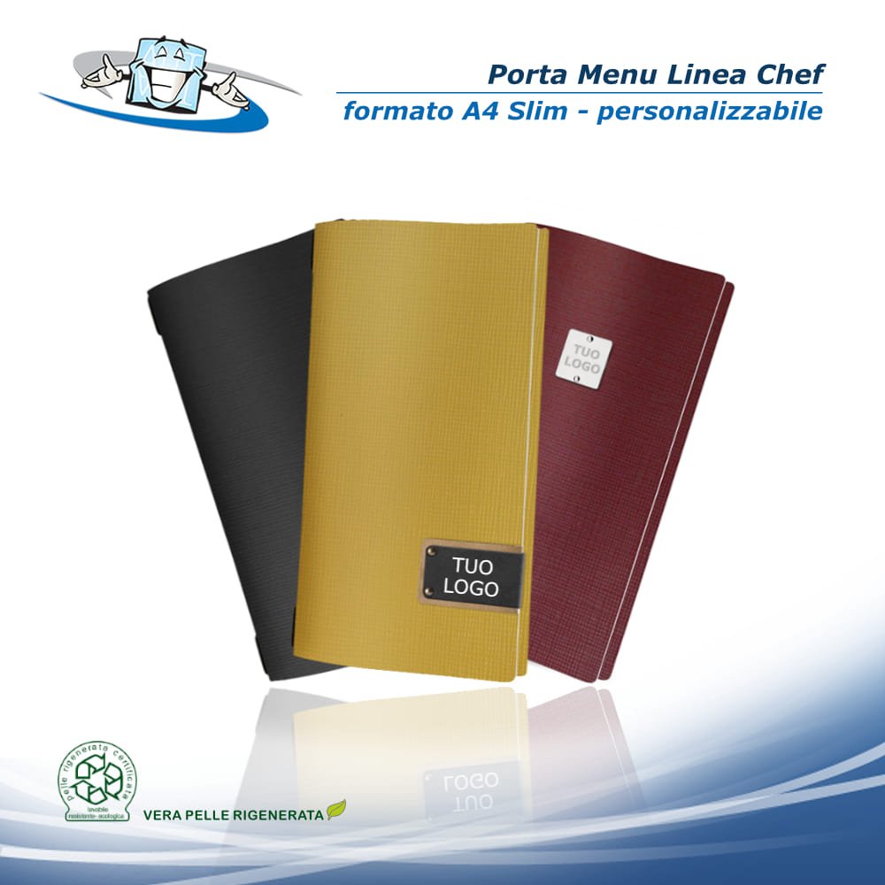 Linea Chef - Porta menu A4 Slim (17,4 x 31,8 cm) in vera pelle rigenerata personalizzabile
