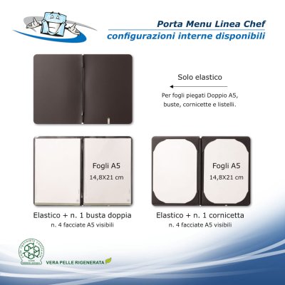 Linea Chef - Porta menu A5 (16,5 x 23,1 cm) in vera pelle rigenerata personalizzabile configurazioni interne disponibili