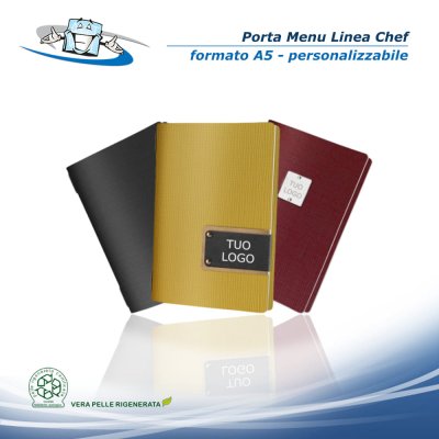 Linea Chef - Porta menu A5 (16,5 x 23,1 cm) in vera pelle rigenerata personalizzabile