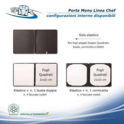 Linea Chef - Porta menu Quadrato (23 x 23,1 cm) in vera pelle rigenerata personalizzabile configurazioni interne disponibili