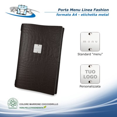 Linea Fashion - Porta menu in vera pelle rigenerata personalizzabile - Formato A4 - Con etichetta metal personalizzabile