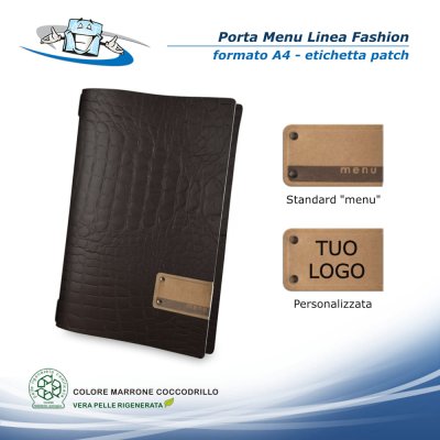 Linea Fashion - Porta menu in vera pelle rigenerata personalizzabile - Formato A4 - Con etichetta patch personalizzabile