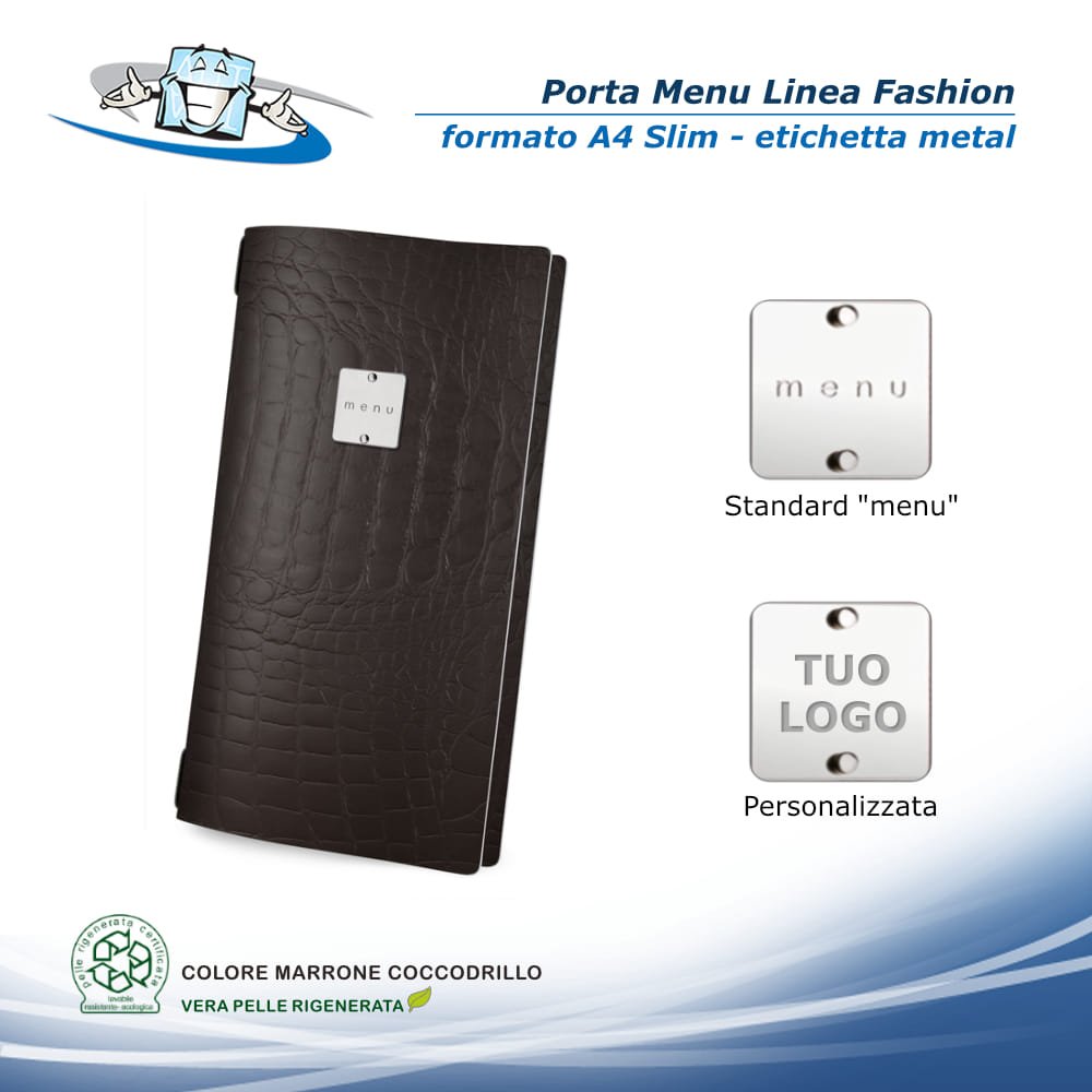 Linea Fashion - Porta menu in vera pelle rigenerata personalizzabile - Formato A4 Slim - Con etichetta metal personalizzabile
