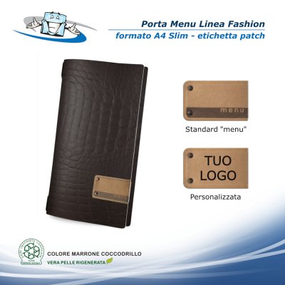 Linea Fashion - Porta menu in vera pelle rigenerata personalizzabile - Formato A4 Slim - Con etichetta patch personalizzabile