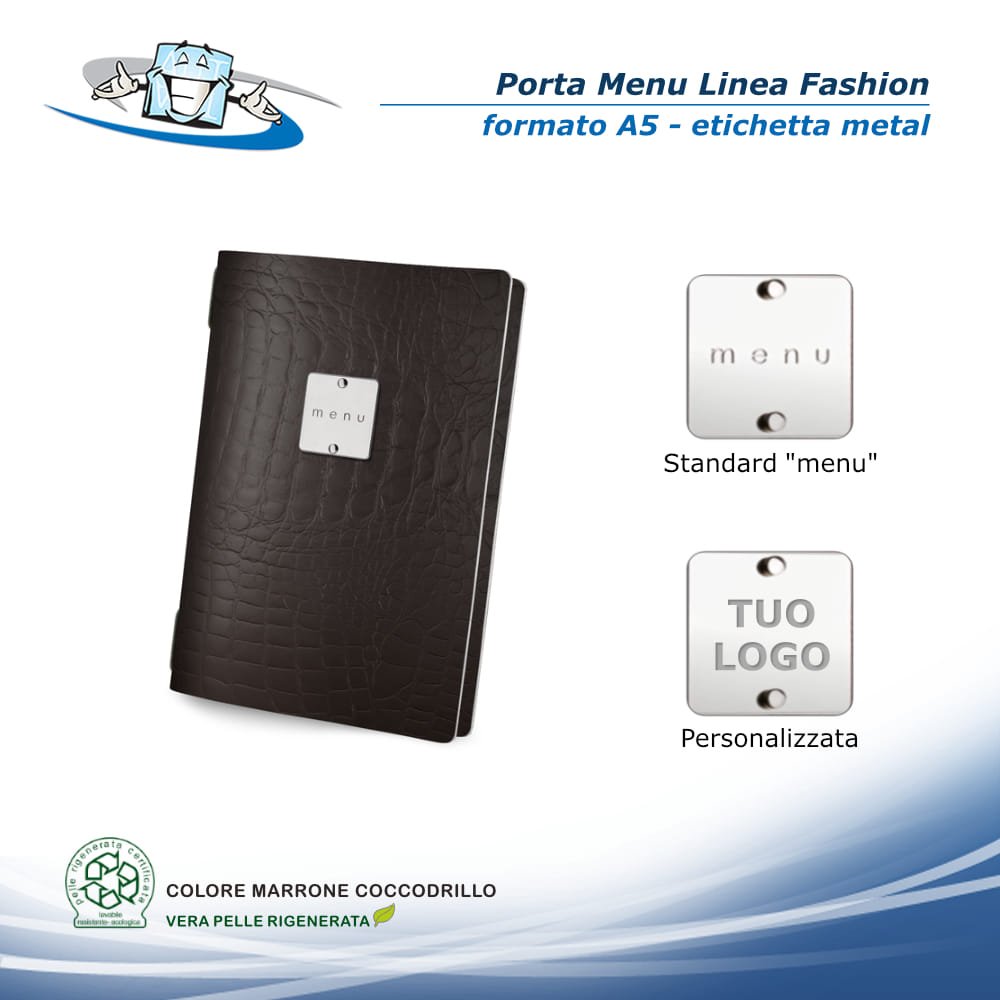 Linea Fashion - Porta menu in vera pelle rigenerata personalizzabile - Formato A5 - Con etichetta metal personalizzabile