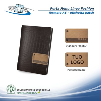 Linea Fashion - Porta menu in vera pelle rigenerata personalizzabile - Formato A5 - Con etichetta patch personalizzabile
