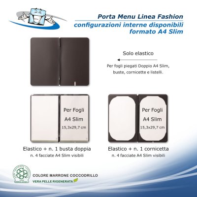 Linea Fashion - Porta menu in vera pelle rigenerata personalizzabile - Formato A4 Slim - Configurazioni interne disponibili