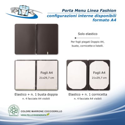 Linea Fashion - Porta menu in vera pelle rigenerata personalizzabile - Formato A4 - Configurazioni interne disponibili