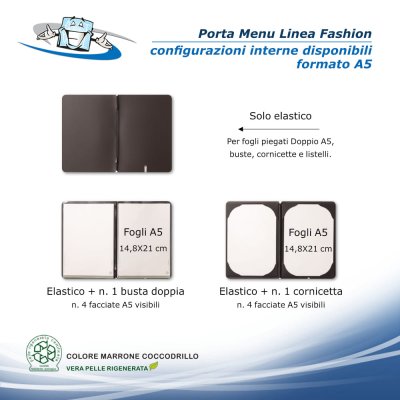 Linea Fashion - Porta menu in vera pelle rigenerata personalizzabile - Formato A5 - Configurazioni interne disponibili