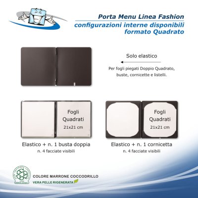 Linea Fashion - Porta menu in vera pelle rigenerata personalizzabile - Formato Quadrato - Configurazioni interne disponibili