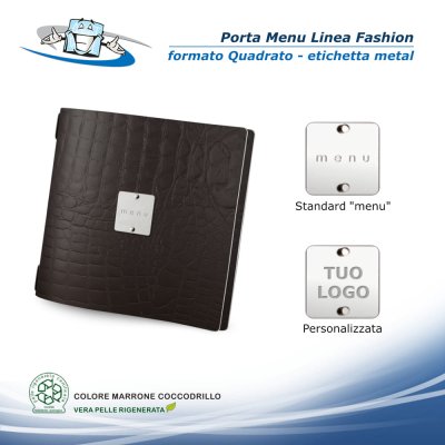Linea Fashion - Porta menu in vera pelle rigenerata personalizzabile - Formato Quadrato - Con etichetta metal personalizzabile