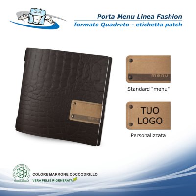 Linea Fashion - Porta menu in vera pelle rigenerata personalizzabile - Formato Quadrato - Con etichetta patch personalizzabile