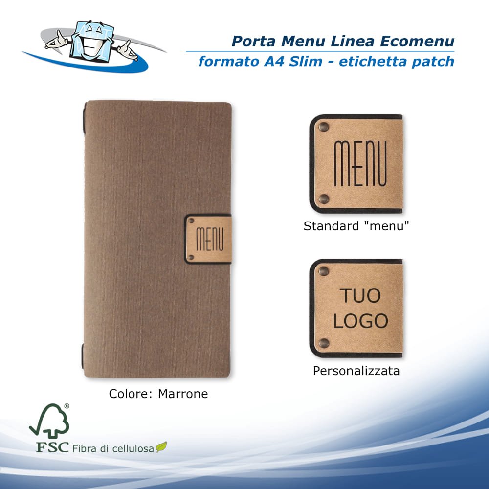 Linea Ecomenu - Porta menu A4 Slim in fibra di cellulosa colore marrone con etichetta patch personalizzabile
