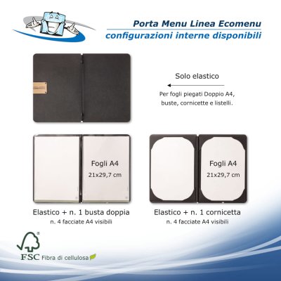 Linea Ecomenu - Porta menu A4 (23,2 x 31,8 cm) in fibra di cellulosa con etichetta patch personalizzabile configurazioni interne