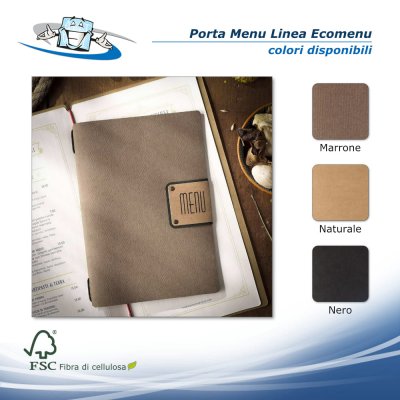 Linea Ecomenu - Porta menu A5 (16,5 x 23,1 cm) in fibra di cellulosa marrone con etichetta patch personalizzabile