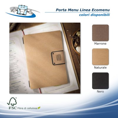 Linea Ecomenu - Porta menu A5 (16,5 x 23,1 cm) in fibra di cellulosa naturale con etichetta patch personalizzabile