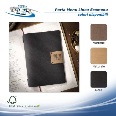 Linea Ecomenu - Porta menu A5 (16,5 x 23,1 cm) in fibra di cellulosa nero con etichetta patch personalizzabile
