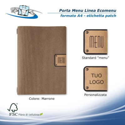 Linea Ecomenu - Porta menu A4 (23,2 x 31,8 cm) in fibra di cellulosa con etichetta patch personalizzabile colore marrone