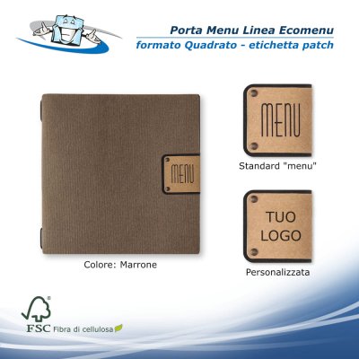 Linea Ecomenu - Porta menu Quadrato (23 x 23,1 cm) in fibra di cellulosa marrone con etichetta patch personalizzabile