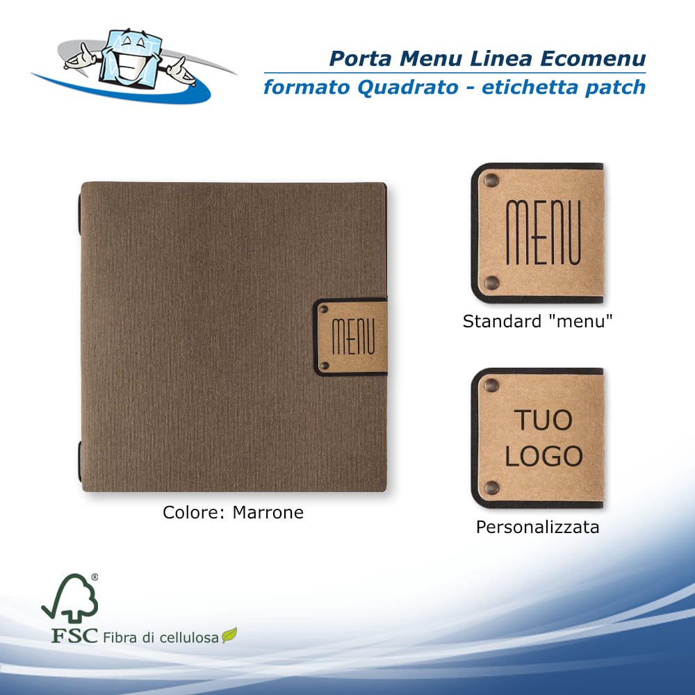 Linea Ecomenu - Porta menu Quadrato (23 x 23,1 cm) in fibra di cellulosa marrone con etichetta patch personalizzabile