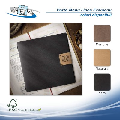Linea Ecomenu - Porta menu Quadrato (23 x 23,1 cm) in fibra di cellulosa nero con etichetta patch personalizzabile