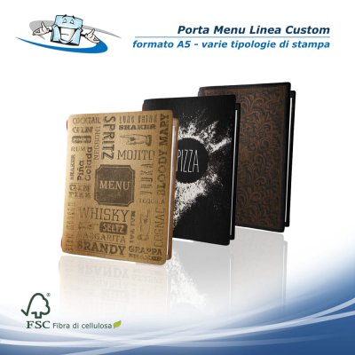 Linea Custom - Porta menu A5 (16,5 x 23,1 cm) con varie stampe in fibra di cellulosa
