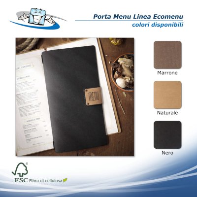 Linea Ecomenu - Porta menu A4 Slim in fibra di cellulosa colore nero con etichetta patch personalizzabile