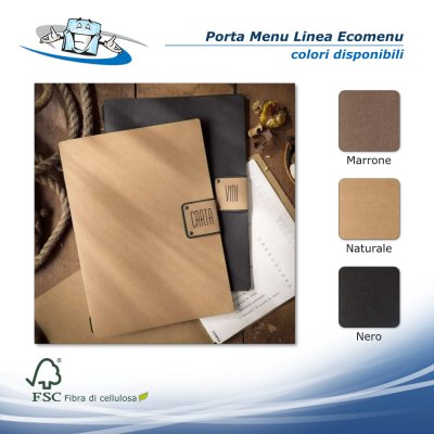 Linea Ecomenu - Porta menu A4 (23,2 x 31,8 cm) in fibra di cellulosa con etichetta patch personalizzabile
