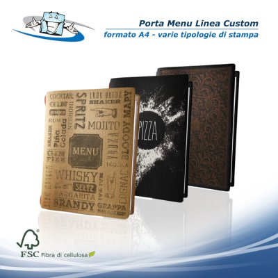 Linea Custom - Porta menu A4 (17,4 x 31,8 cm) con varie stampe in fibra di cellulosa