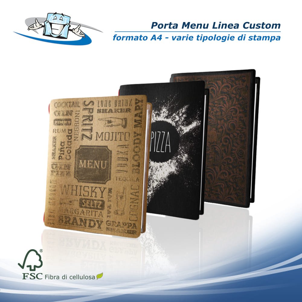 Linea Custom - Porta menu A4 (17,4 x 31,8 cm) con varie stampe in fibra di cellulosa