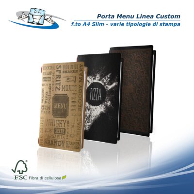 Linea Custom - Porta menu A4 Slim (17,4 x 31,8 cm) con varie stampe in fibra di cellulosa