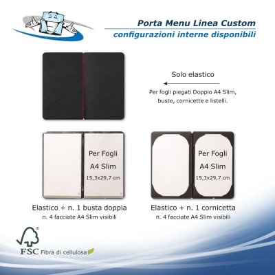Linea Custom - Porta menu A4 Slim (17,4 x 31,8 cm) con varie stampe in fibra di cellulosa