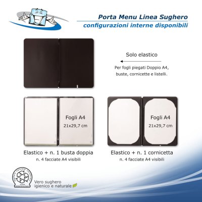 Linea Sughero - Porta menu A4 (23,2 x 31,8 cm) in sughero vegetale personalizzabile configurazioni interne disponibili