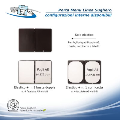 Linea Sughero - Porta menu A5 (16,5 x 23,1 cm) in sughero vegetale personalizzabile configurazioni interne disponibili