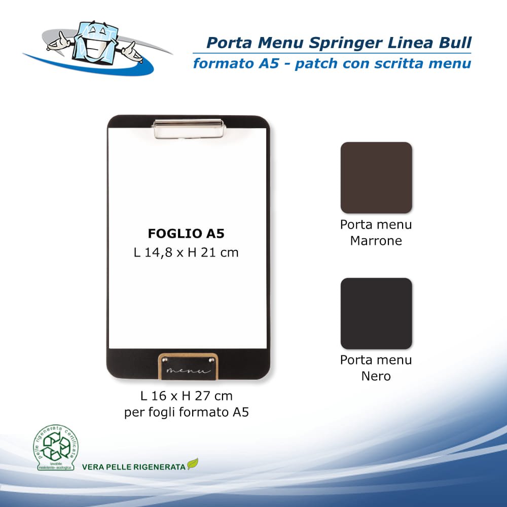 Linea Bull - Porta Menu Springer in vera pelle rigenerata formato A5 patch con scritta menu