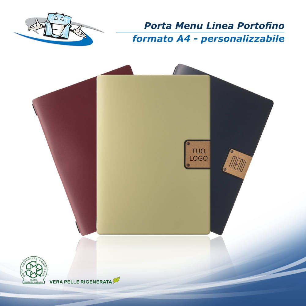 Linea Portofino - Porta menu A4 (23,2 x 31,8 cm) in vera pelle rigenerata personalizzabile