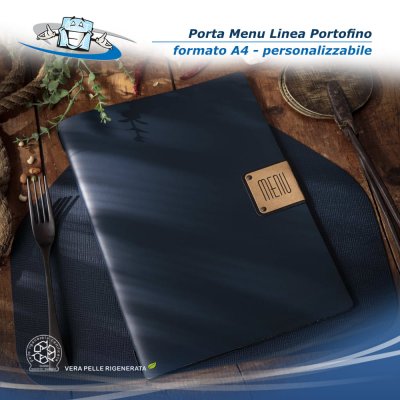 Linea Portofino - Porta menu A4 (23,2 x 31,8 cm) in vera pelle rigenerata con etichetta patch personalizzabile - colore blu
