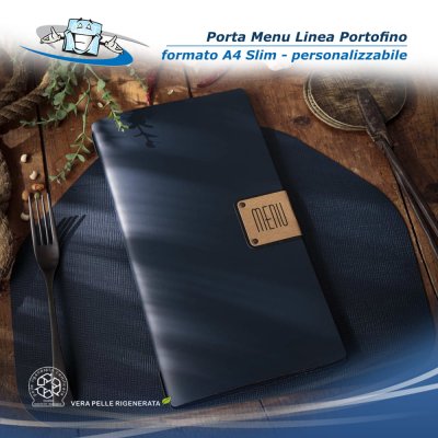 Linea Portofino - Porta menu A4 Slim (17,4 x 31,8 cm) in vera pelle rigenerata con etichetta patch personalizzabile - colore blu