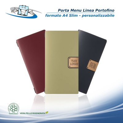 Linea Portofino - Porta menu A4 Slim (17,4 x 31,8 cm) in vera pelle rigenerata personalizzabile