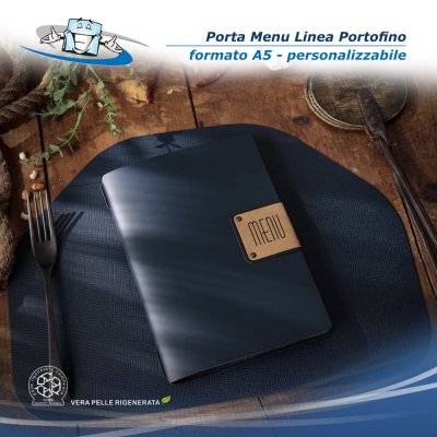 Linea Portofino - Porta menu A5 in vera pelle rigenerata neutro con etichetta patch personalizzabile - colore blu